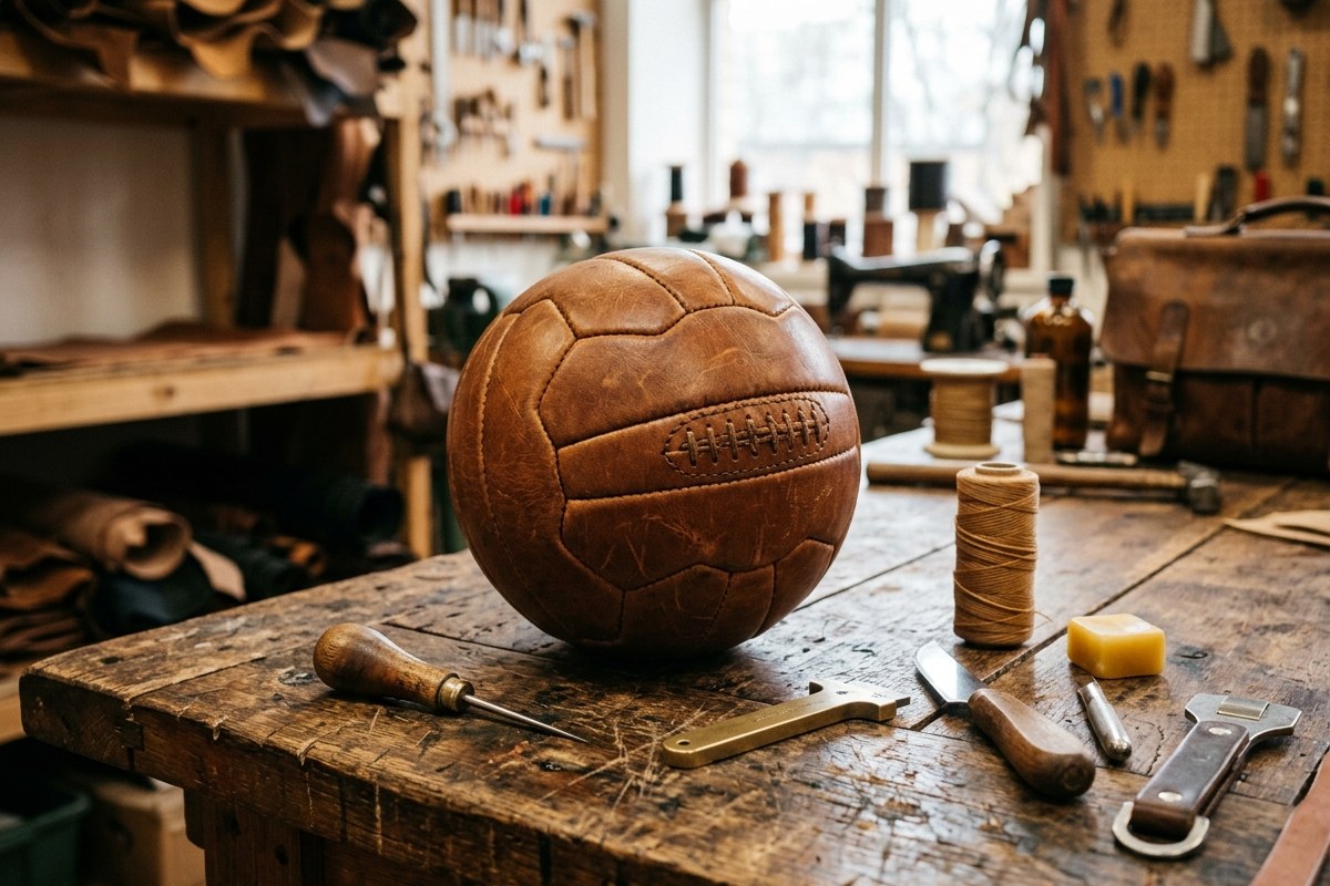 Balón de fútbol artesanal de cuero legítimo en el taller de Monguí
